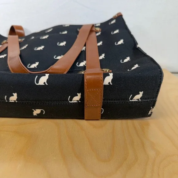 ModCloth Cat Print Tote Bag Purse Black Shoulder Bag with Strap - Picture 7 of 10